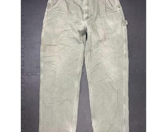 VTG Carhartt mens 38X32 B111 MOS ‘Moss Green’ Flannel-Lined Dungaree Canvas Pant