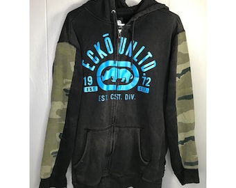 00s Ecko y2k 両面 刺繍 プルオーバー パーカー ベージュ ORIGINAL) 春のバージョン、刺繍ツーウェイクロップドジップ