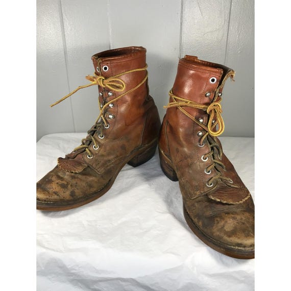 Vintage DD Tuff USA High-Quality Brown Leather Lace-Up Roper Boots US Men's 7.5