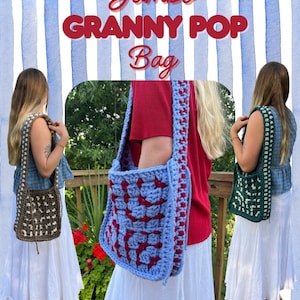 Può includere: Borsa all'uncinetto in stile granny square, blu e rossa. La borsa viene mostrata indossata a tracolla. Il testo "Jumbo Granny Pop Bag" e "Crochet PDF Pattern" è visualizzato nell'immagine.
