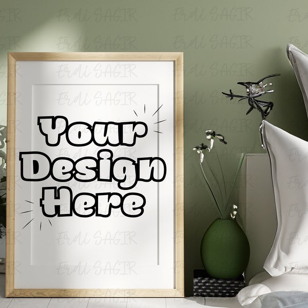 Scandinavian Style Frame Mockup Leaning Against Wall, Cozy Home Decor with Elegant Pillows & Vase, Ideal for Modern Artwork Display