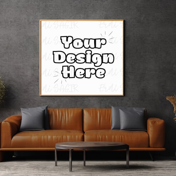 Luxurious Living Room Wall Art Frame Mockup, Contemporary Interior Design Display with Leather Sofa and Elegant Decor, Perfect Showcasing