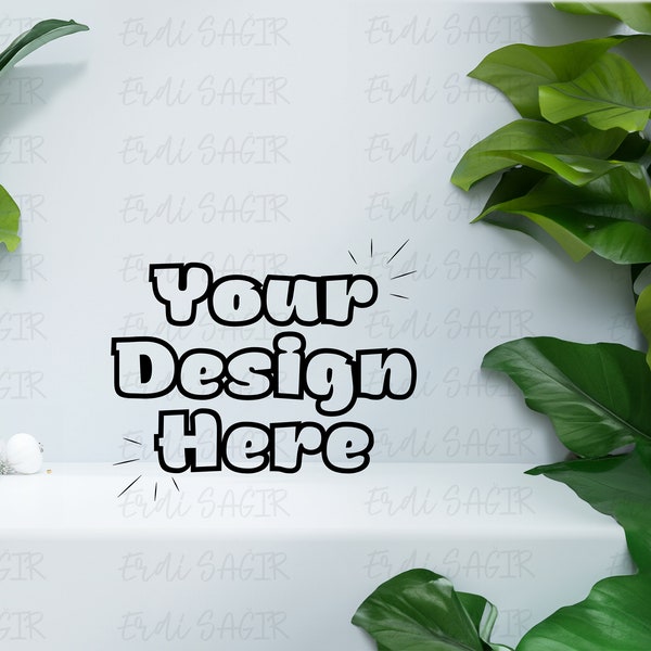 Minimalist Botanical Shelf Mockup with Lush Green Leaves - Perfect for Presenting Your Artwork in a Fresh, Natural Setting