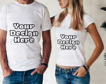 Couple's Casual White T-Shirt Mockup - Perfect for Showcasing Matching Apparel Designs in a Relaxed Lifestyle Setting