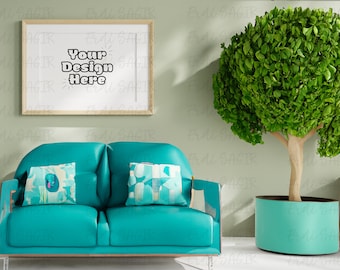 Modern Living Room Wall Art Frame Mockup, Vibrant Teal Sofa with Decorative Pillows and Lush Topiary for Interior Design Display