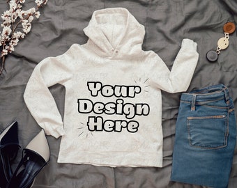 Casual Chic Flat Lay Hoodie Mockup with Denim Jeans and Fashion Accessories, Ideal for Apparel Designers and Clothing Shops
