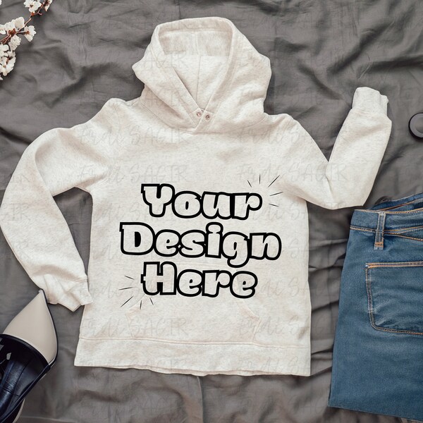 Casual Chic Flat Lay Hoodie Mockup with Denim Jeans and Fashion Accessories, Ideal for Apparel Designers and Clothing Shops