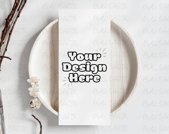 Bohemian Wedding Menu Mockup on Wooden Plate with Natural Branches - Showcase Your Menu Design with a Minimalist 3D Render