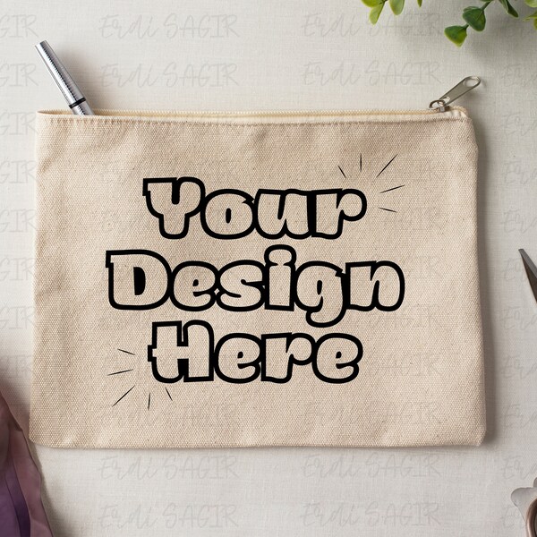 Natural Canvas Pouch Mockup on Linen Background with Vintage Scissors and Plant, Ideal for Branding & Craft Presentation