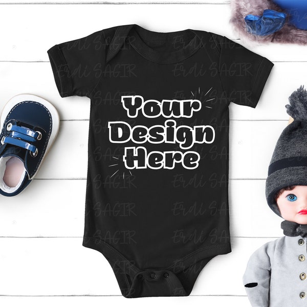 Chic Black Baby Bodysuit Mockup with Classic Shoes and Woolen Hat - Showcase Your Kids' Apparel Designs on a Cozy Backdrop