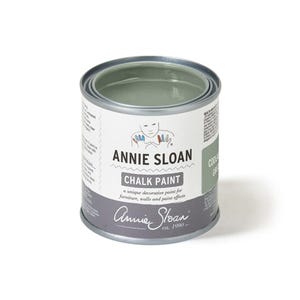 May include: A small, open can of Annie Sloan Chalk Paint in Cool Green. The label features the brand name, product type, and a decorative illustration. The paint is designed for furniture, walls, and paint effects.
