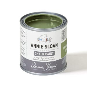 May include: A round metal paint can filled with green chalk paint. The label reads "ANNIE SLOAN CHALK PAINT" and "CAPAS GREEN". The can is open, revealing the paint inside. The paint is designed for furniture, walls, and paint effects.