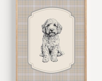 Goldendoodle vintage stijl print, puppy decor, antieke hond kunst schets, jongens kamer kunst, kinderkamer muur kunst jongen, baby dieren kunst, hond tekening