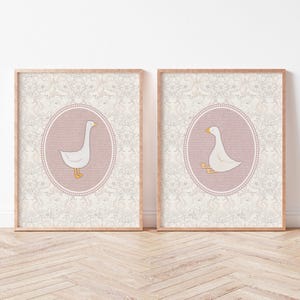 Silly Goose Nursery Prints, Chinoiserie Pink Wall Gallery, Sweet Floral Nursery Decor, Nursery Wall Art Girl, Baby Animal Art, Cottagecore