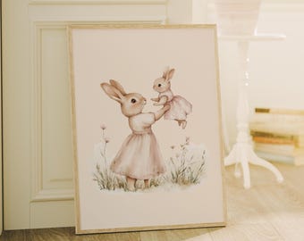 Vintage Bunny Nursery Print, Rabbits Sweet Floral Nursery Decor, Girls Room Art, Nursery Wall Art Baby Girl, Baby Animal, Cottagecore Decor