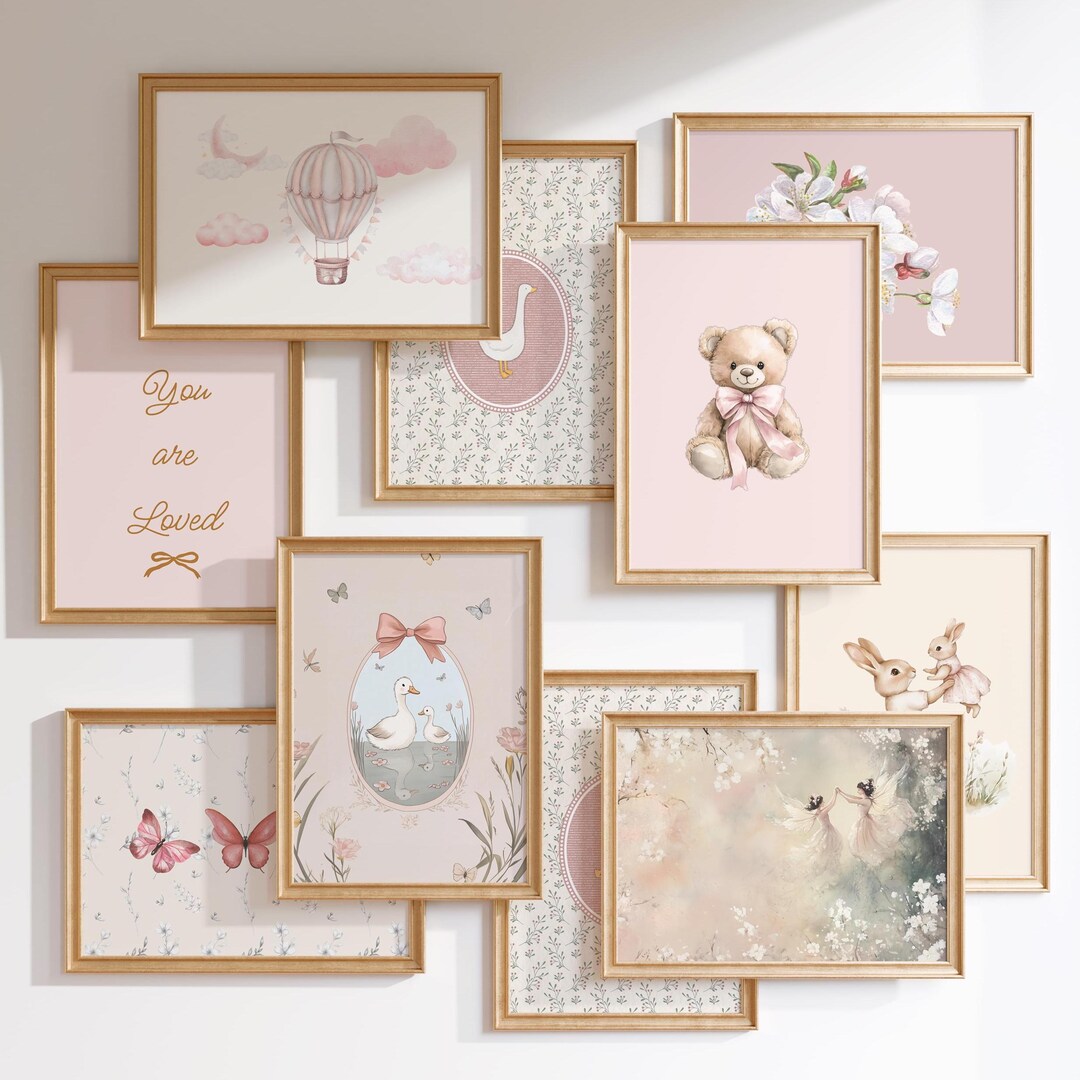 Vintage Pink Silly Goose Nursery Prints, Set of 10 Prints, Pink Wall ...