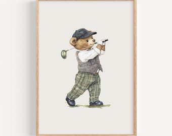 Vintage Teddy Bear Nursery Golf Prints, Sports Nursery Theme Decor, Sage Green, Boy Sports Room, Playroom Art, Boy Nursery Art, Cottagecore