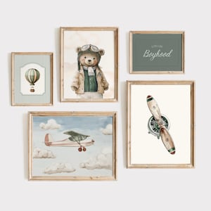 Teddy Bear Green Gallery, Boy Sage Green Nursery Prints Set, Vintage Airplane Print, Travel Boy Nursery,  Aviation Kids, Sky Playroom Prints