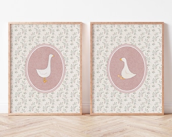 Vintage Pink Silly Goose Nursery Prints, Pink Wall Gallery, Sweet Floral Nursery Decor, Nursery Wall Art Girl, Baby Animal Art, Cottagecore