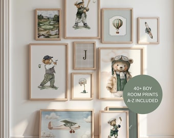 Sport Nursery Wall Art, Green Vintage Boy Room Prints, Golf Nursery Gallery Wall, Soccer, Boy Room Decor  Set of 40, Digital Download