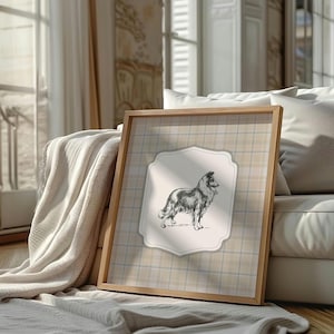 May include: A framed print of a black and white illustration of a dog on a plaid background. The frame is made of wood and has a light brown finish.