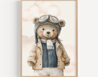 Teddy Bär Blau Galerie, Junge Navy Kinderzimmer Drucke, Vintage Flugzeug Druck, Reise Jungen Kinderzimmer, Luftfahrt Kinder, Bewölkter Himmel Spielzimmer Drucke