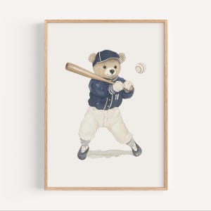 Vintage Teddy Bear Nursery Baseball Prints, Sports Nursery Theme Decor, Navy Blue, Boy Sports Room, Playroom Art, Boy Nursery Art, Toddler