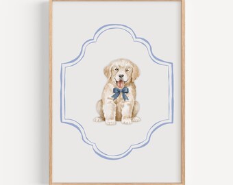 May include: A watercolour illustration of a light brown puppy wearing a blue bow tie. The puppy is sitting in a blue and white decorative frame on a light blue background.