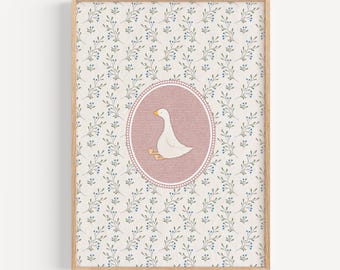 Pink Vintage Silly Goose Nursery Print, Sweet Floral Nursery Decor, Girl Room Art, Nursery Wall Art, Baby Animal Prints, Cottagecore Decor