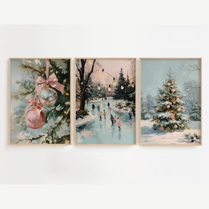 Vintage Pink Christmas Prints Set of 3, Coquette Pink Wall Gallery, Pastel Holiday Winter Wall Art, Ornaments Christmas Tree Cottagecore Art