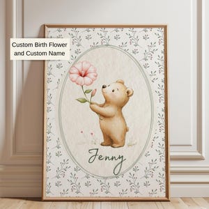 Impresión digital de flores de nacimiento personalizadas, letrero con nombre para recién nacidos, decoración de guardería con forma de oso, arte de pared con diseño de bosque para niñas, guardería personalizada, regalo de bebé personalizado