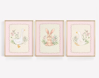 Silly Goose Nursery Prints, Bunny Pink Wall Gallery, Sweet Floral Nursery Decor, Nursery Wall Art Girl, Baby Animal Art, Cottagecore