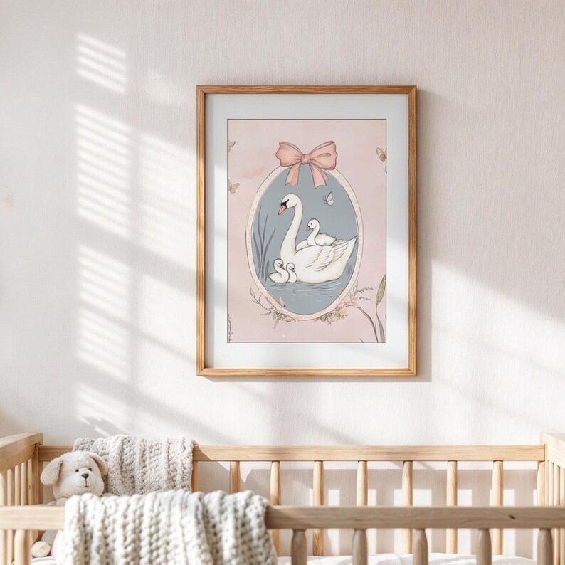 Vintage Swan Print, Coquette Nursery Room Decor, Pink Nursery Decor ...