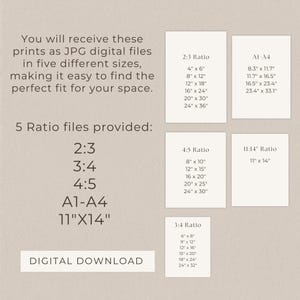 May include: Digital download graphic with text detailing five different print ratios and sizes, including 2:3, 3:4, 4:5, A1-A4, and 11"x14". The text also mentions that the prints are JPG digital files.