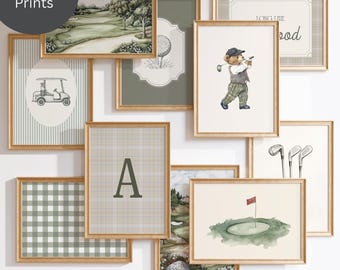Láminas de golf para habitación infantil en verde salvia con osito de peluche, juego de 10, iniciales personalizadas, decoración de pared nostálgica, decoración infantil deportiva vintage, arte para habitación de niño golfista