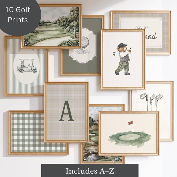 Personalized Vintage Sage Green Boy Nursery Golf Prints, Set of 10, Digital Download