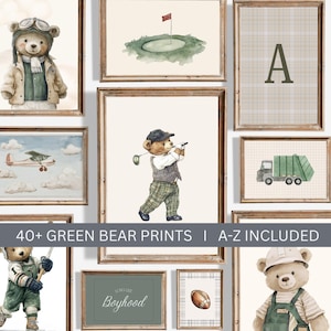 May include: A collection of framed art prints featuring watercolor illustrations of teddy bears in various settings. Prints include a bear in aviator gear, playing golf, and a print with the letter "A". The text "40+ GREEN BEAR PRINTS I A-Z INCLUDED" is also visible.