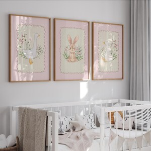 Silly Goose Nursery Prints, Bunny Pink Wall Gallery, Sweet Floral ...