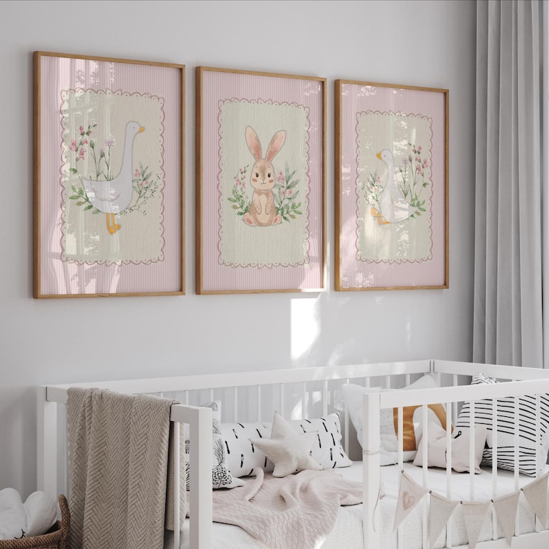 Silly Goose Nursery Prints, Bunny Pink Wall Gallery, Sweet Floral ...