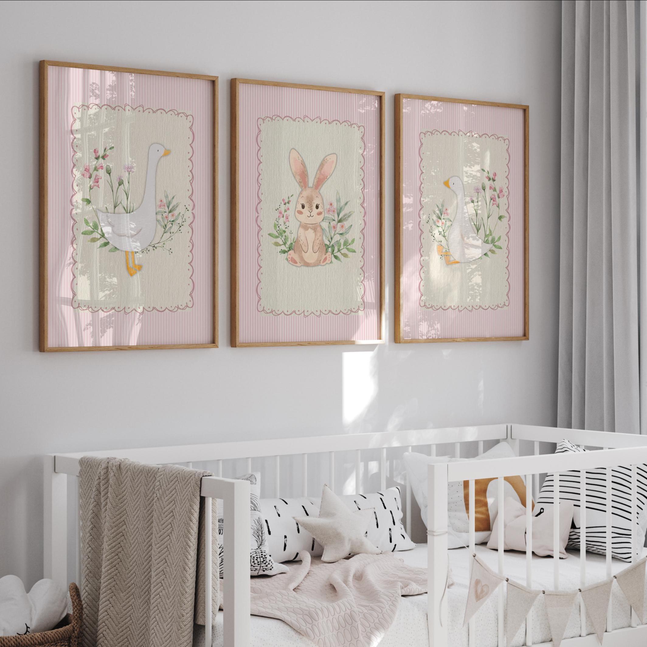 Silly Goose Nursery Prints, Bunny Pink Wall Gallery, Sweet Floral ...