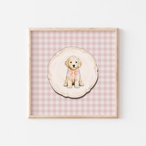 Golden Doodle Nursery Print, Pink Gingham Puppy Nursery Decor, Coquette Pink Bow, French Country Decor, Watercolor Dog Art, Girl Room Art