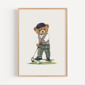 Vintage Teddy Bear Nursery Golf Print, Sports Nursery Theme Decor, Sage Green, Boy Sports Room, Playroom Art, Boy Nursery Art, Toddler Room