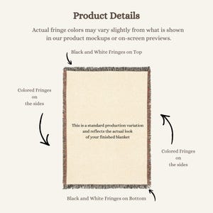 May include: A rectangular blanket with a cream-colored center and black and white fringes on the top and bottom. The sides have colored fringes. Text on the image reads "Product Details" and "This is a standard production variation and reflects the actual look of your finished blanket."