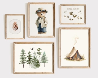 Teddy Bear Blue Wall Gallery, Boy Sage Nursery Prints Set, Vintage Woodland Nursery Set, Outdoor Boy Print, Camping Boy National Park Poster