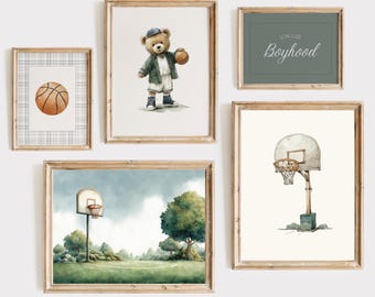 Sage Green Basketball Nursery 5 Print Set, Vintage Sport Poster Boy Room, Boys Room Printable Art, Gallery Wall