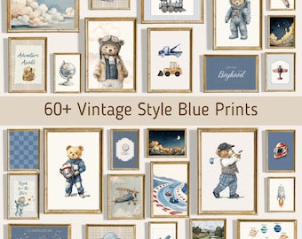 Ours en peluche bleu galerie, jeu de 60 impressions pour chambre d'enfant bleu marine, lot de 60 impressions de sport pour chambre de garçon, impression d'art pour chambre d'enfant printabel (téléchargement numérique)