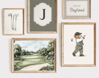 Láminas de golf personalizadas, osito de peluche para habitación infantil, juego de 5 láminas, verde salvia, decoración infantil deportiva vintage, lámina para habitación de golfista, lámina con monograma