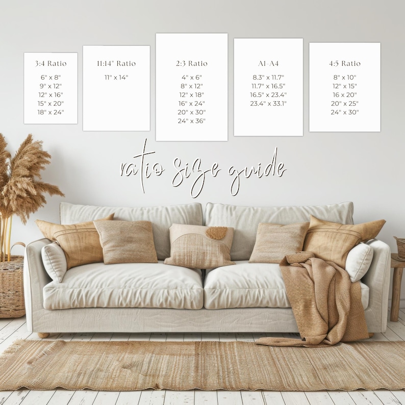 May include: A white couch with pillows and a throw blanket in a living room. A wall behind the couch has a white background with a size guide for different print ratios. The guide includes the ratio, and the dimensions in inches for each ratio.