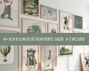 Sport Nursery Wall Art, Green Vintage Boy Room Prints, Golf Nursery Gallery Wall, Soccer, Boy Room Decor  Set of 40, Digital Download