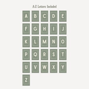 May include: A collection of alphabet cards, each featuring a letter from A to Z. The letters are in a white, serif font, set against a sage green background within a decorative frame. The text "A-Z Letters Included" is at the top.
